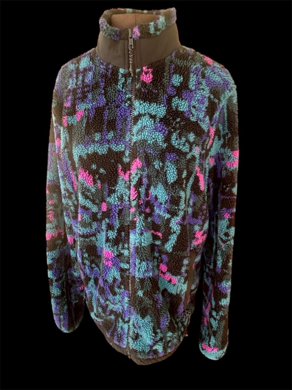 American Eagle Multicolor Sherpa Zip Jacket in Black, Teal & Purple